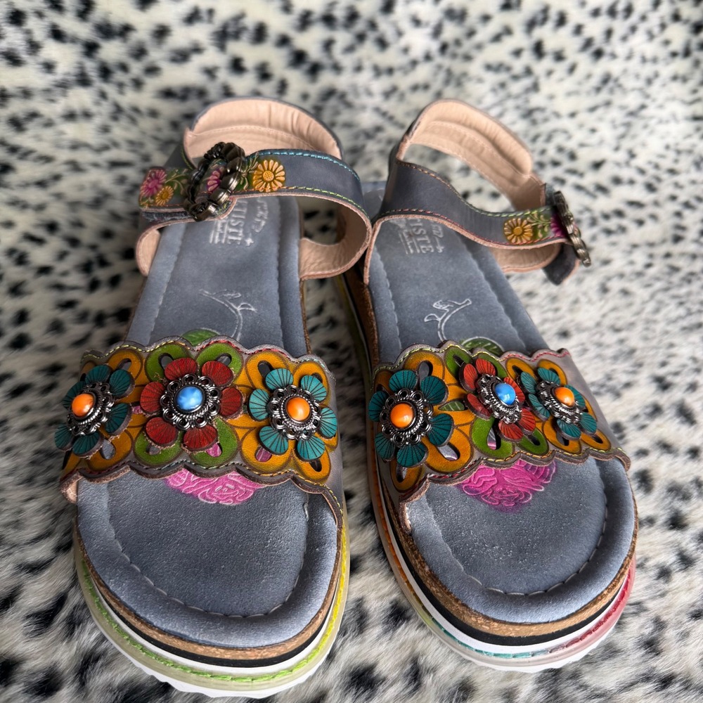 Spring Step L'Artiste Floral Leather Platform Sandals Boho US 9.5-10 Size EU 41